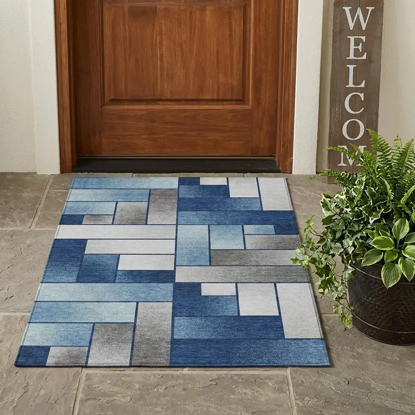 Navy Blue And Blue Geometric Washable Indoor Outdoor Area Rug Photo 1