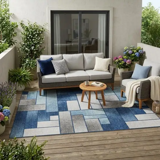 Navy Blue And Blue Geometric Washable Indoor Outdoor Area Rug Photo 1