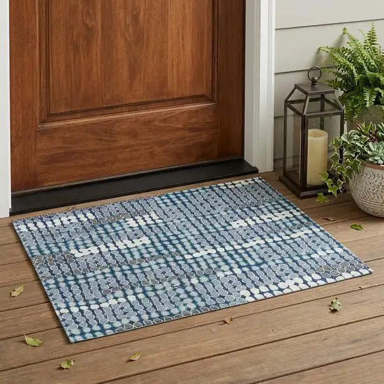 Navy Blue And Blue Geometric Washable Indoor Outdoor Area Rug Photo 1