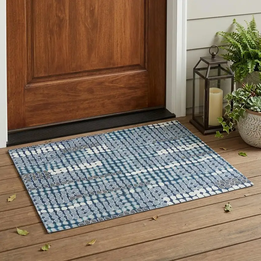 Navy Blue And Blue Geometric Washable Indoor Outdoor Area Rug Photo 1
