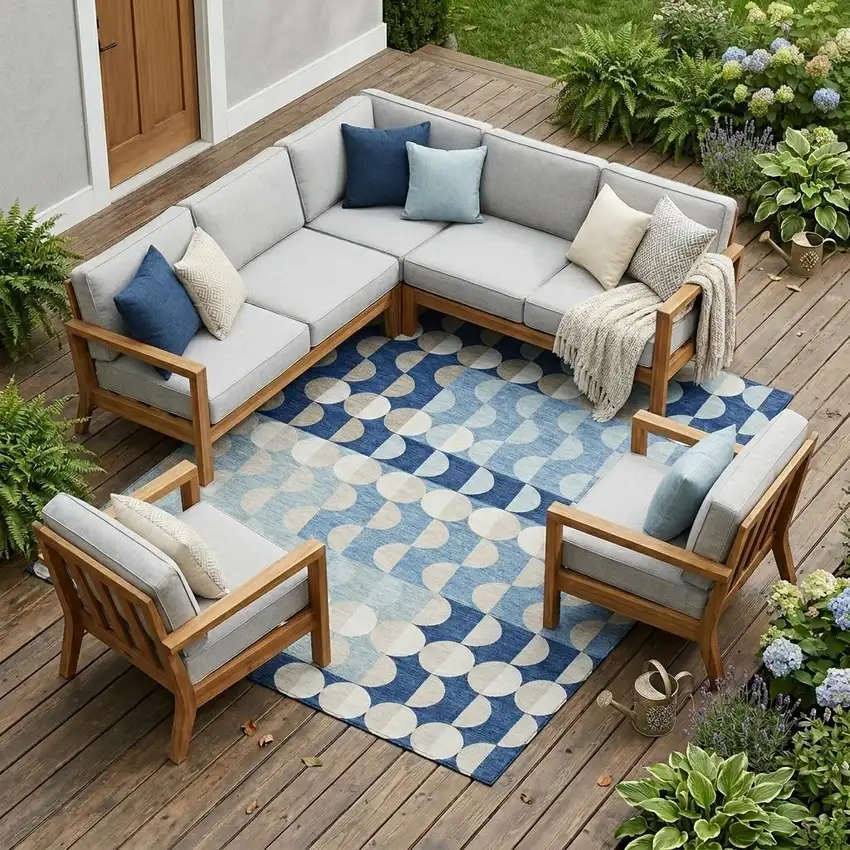 Navy Blue And Blue Geometric Washable Indoor Outdoor Area Rug Photo 1