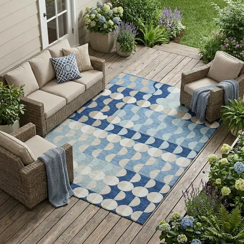 Navy Blue And Blue Geometric Washable Indoor Outdoor Area Rug Photo 1