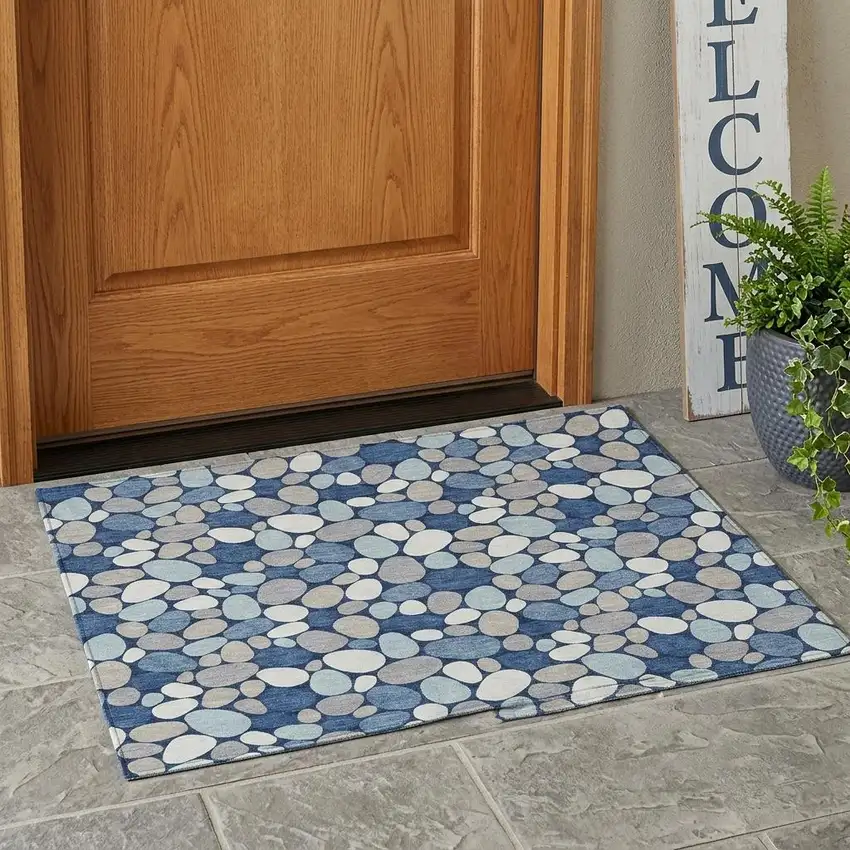 Navy Blue And Blue Geometric Washable Indoor Outdoor Area Rug Photo 1