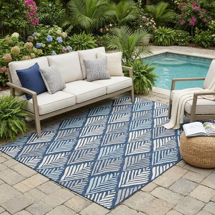 Navy Blue And Blue Geometric Washable Indoor Outdoor Area Rug Photo 1