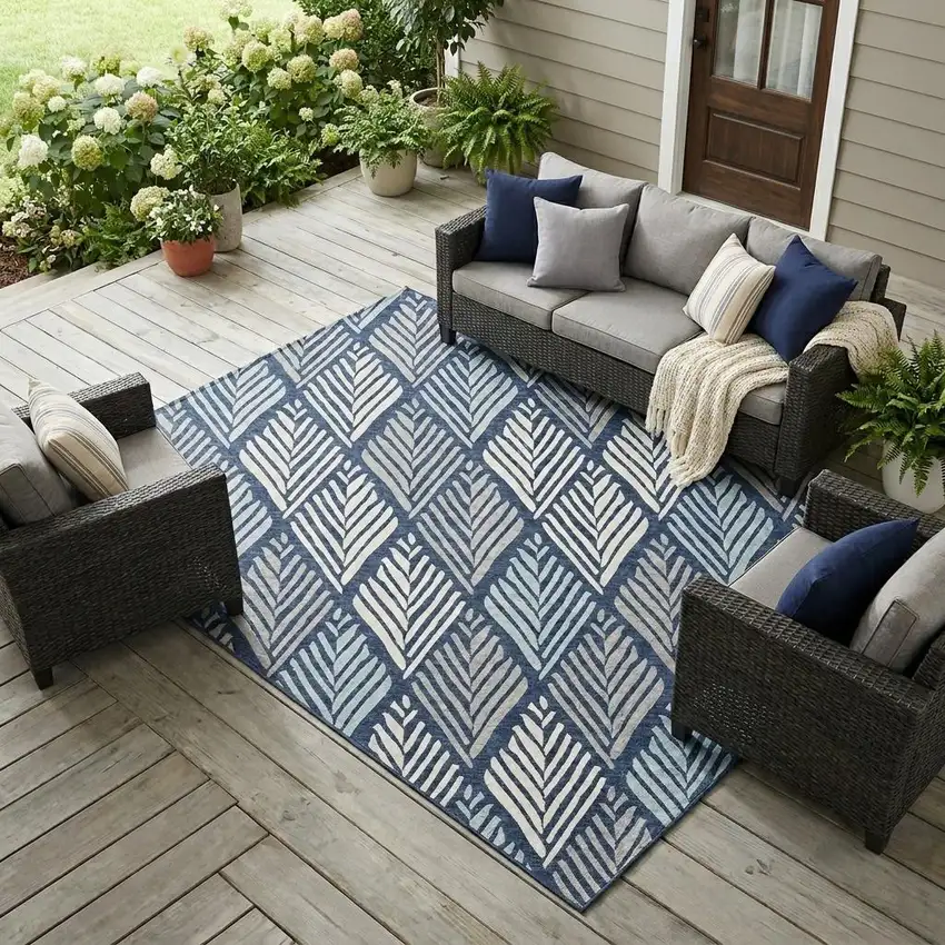 Navy Blue And Blue Geometric Washable Indoor Outdoor Area Rug Photo 1
