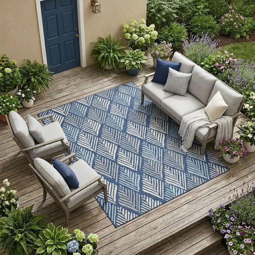 Navy Blue And Blue Geometric Washable Indoor Outdoor Area Rug Photo 1