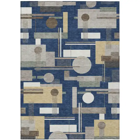 Navy Blue And Blue Geometric Washable Indoor Outdoor Area Rug Photo 2