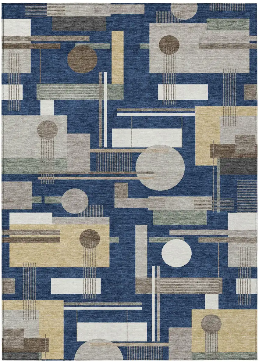 Navy Blue And Blue Geometric Washable Indoor Outdoor Area Rug Photo 2