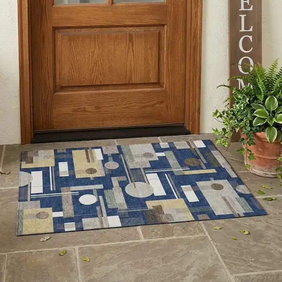 Navy Blue And Blue Geometric Washable Indoor Outdoor Area Rug Photo 1