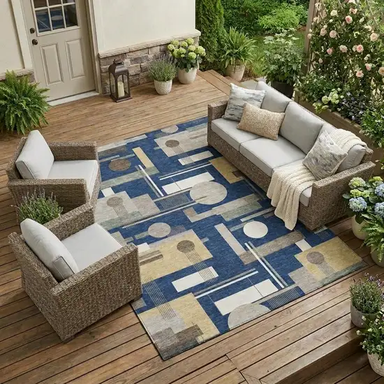 Navy Blue And Blue Geometric Washable Indoor Outdoor Area Rug Photo 1