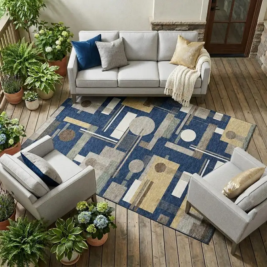 Navy Blue And Blue Geometric Washable Indoor Outdoor Area Rug Photo 1