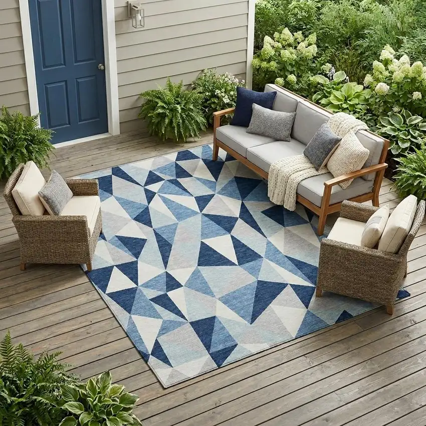 Navy Blue And Blue Geometric Washable Indoor Outdoor Area Rug Photo 1