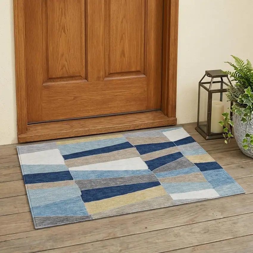 Navy Blue And Blue Geometric Washable Indoor Outdoor Area Rug Photo 1