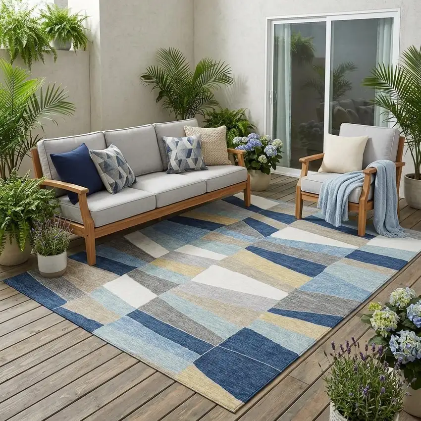 Navy Blue And Blue Geometric Washable Indoor Outdoor Area Rug Photo 1