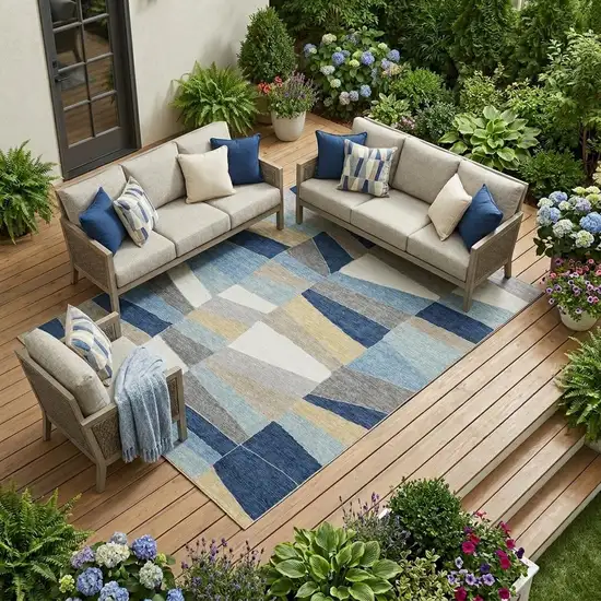 Navy Blue And Blue Geometric Washable Indoor Outdoor Area Rug Photo 1