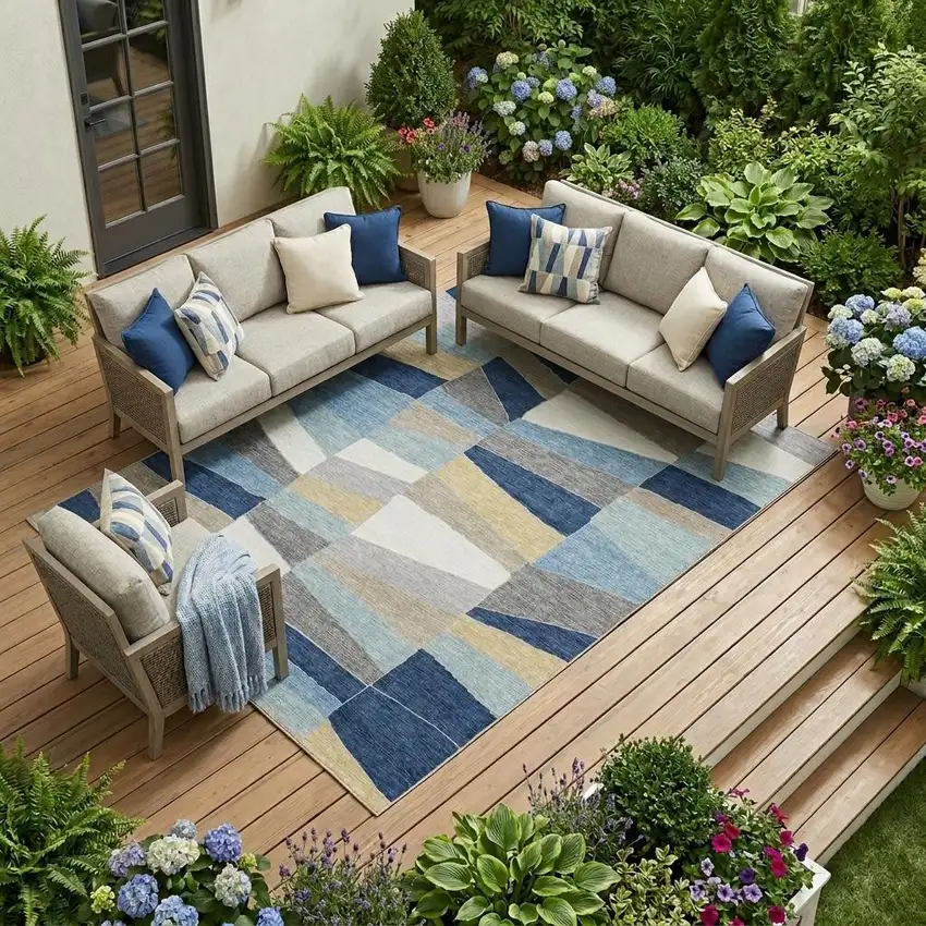 Navy Blue And Blue Geometric Washable Indoor Outdoor Area Rug Photo 1