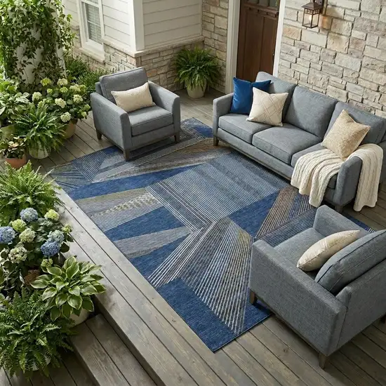 Navy Blue And Blue Geometric Washable Indoor Outdoor Area Rug Photo 1