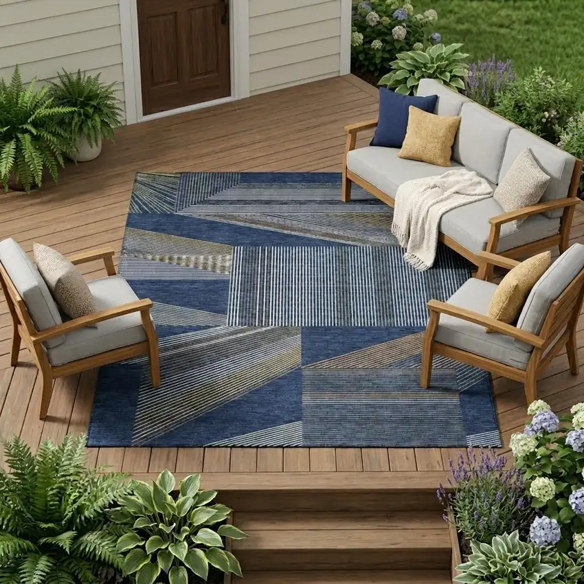 Navy Blue And Blue Geometric Washable Indoor Outdoor Area Rug Photo 1