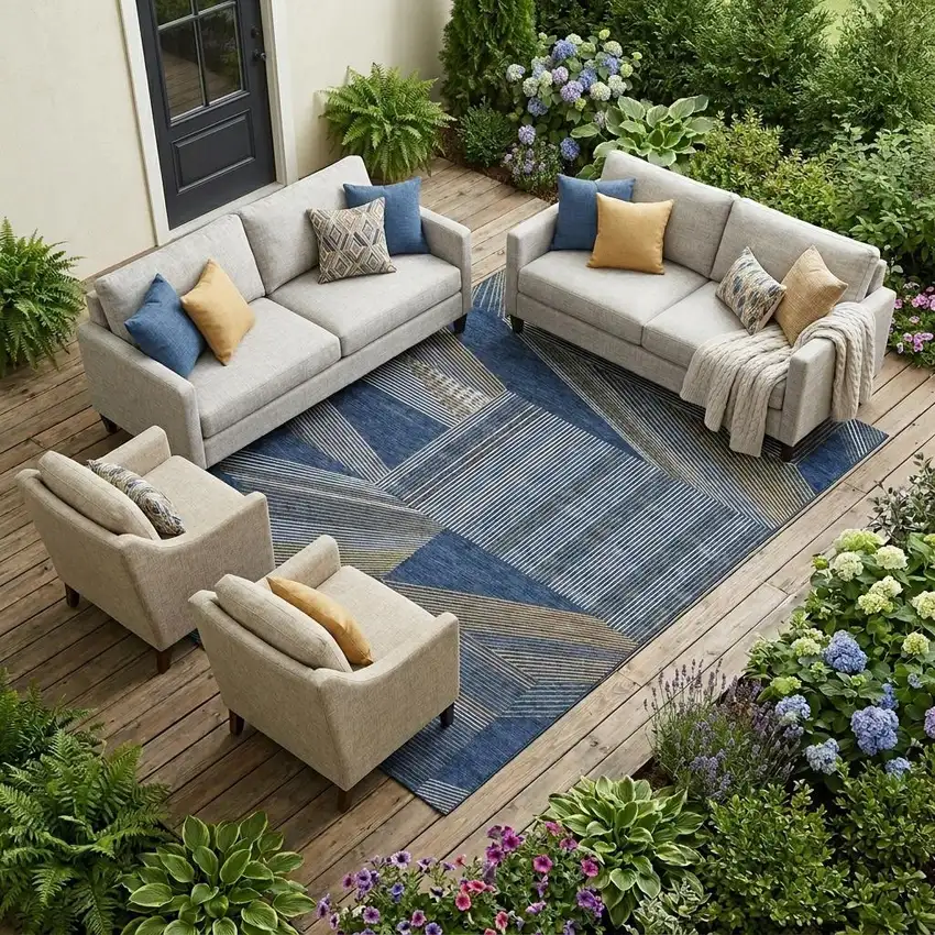 Navy Blue And Blue Geometric Washable Indoor Outdoor Area Rug Photo 1