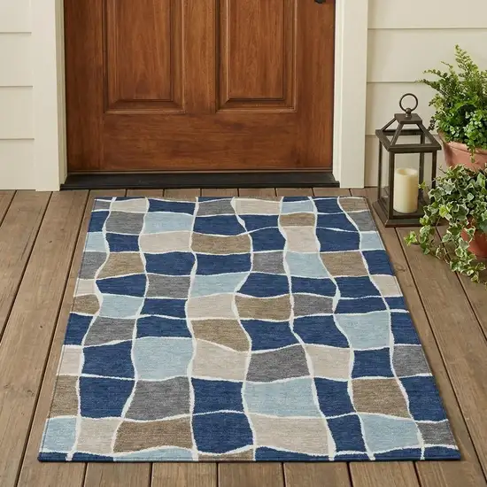 Navy Blue And Blue Geometric Washable Indoor Outdoor Area Rug Photo 1