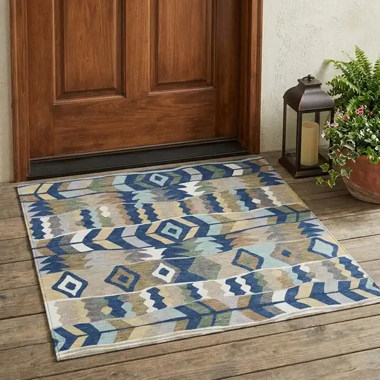 Navy Blue And Blue Geometric Washable Indoor Outdoor Area Rug Photo 1