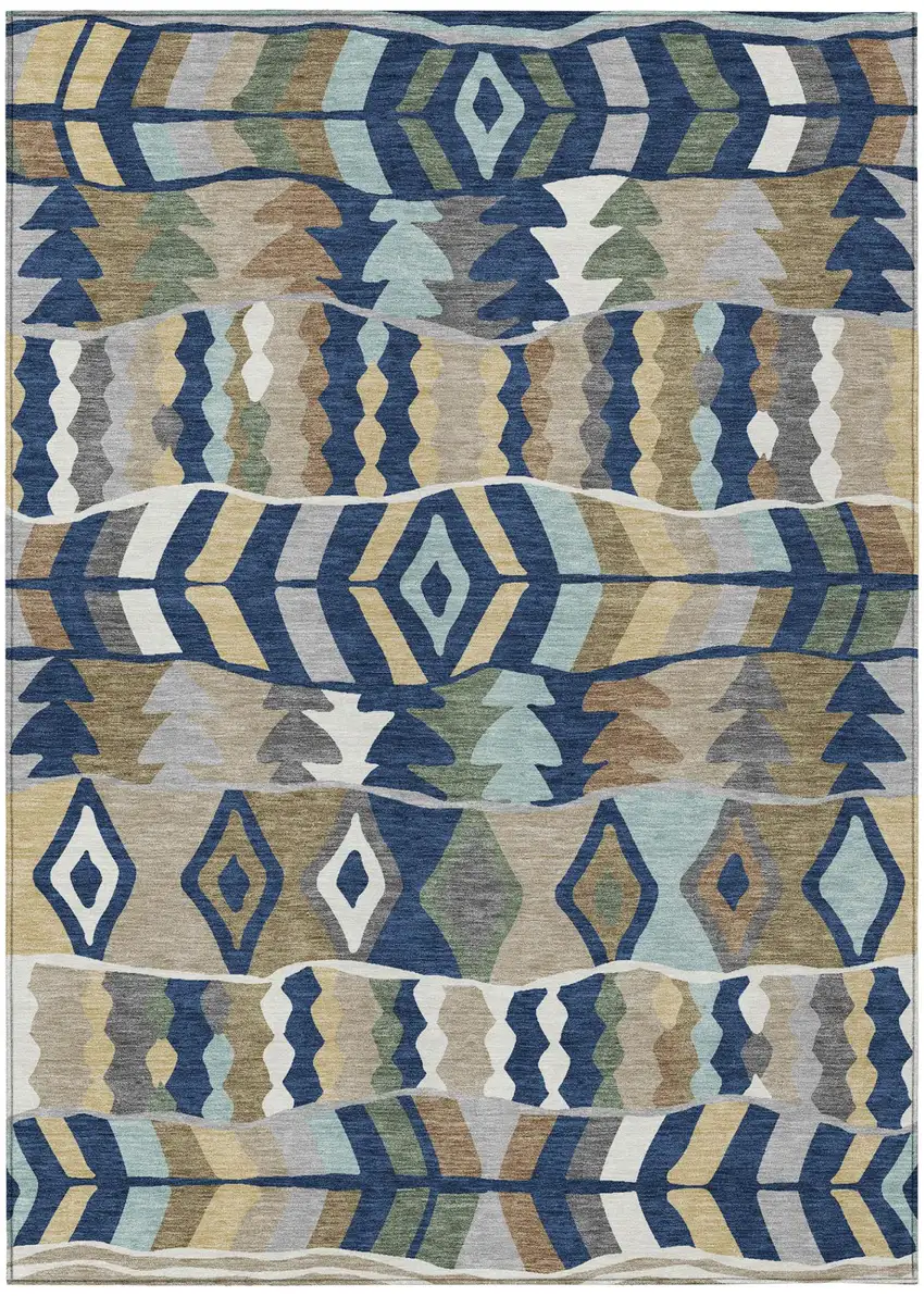 Navy Blue And Blue Geometric Washable Indoor Outdoor Area Rug Photo 2