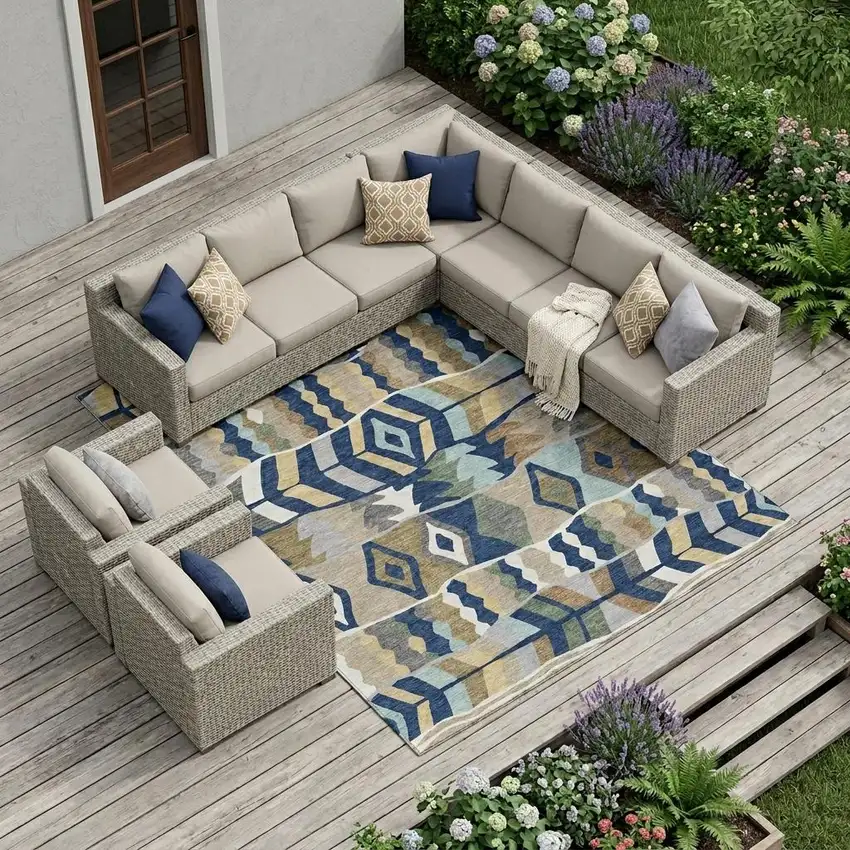 Navy Blue And Blue Geometric Washable Indoor Outdoor Area Rug Photo 1