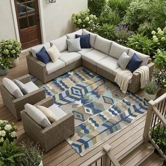 Navy Blue And Blue Geometric Washable Indoor Outdoor Area Rug Photo 1