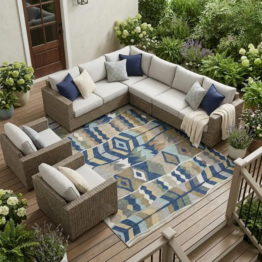 Navy Blue And Blue Geometric Washable Indoor Outdoor Area Rug Photo 1