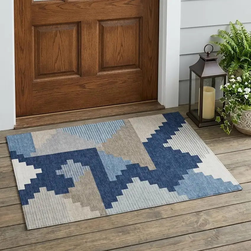 Navy Blue And Blue Geometric Washable Indoor Outdoor Area Rug Photo 1