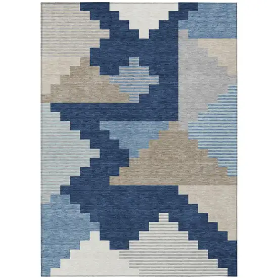 Navy Blue And Blue Geometric Washable Indoor Outdoor Area Rug Photo 2