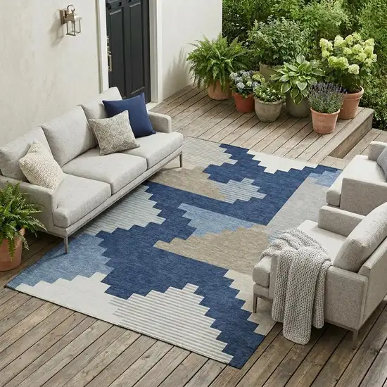 Navy Blue And Blue Geometric Washable Indoor Outdoor Area Rug Photo 1