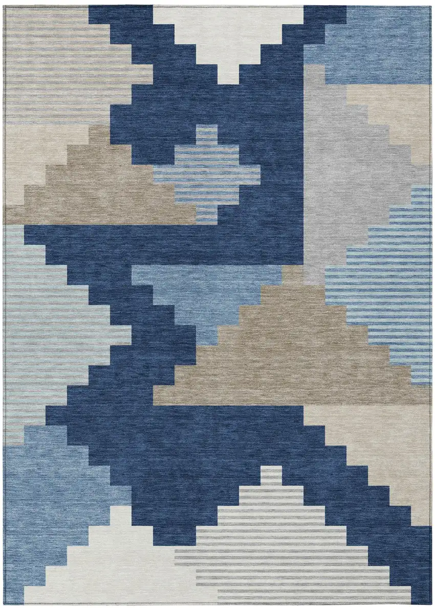 Navy Blue And Blue Geometric Washable Indoor Outdoor Area Rug Photo 2