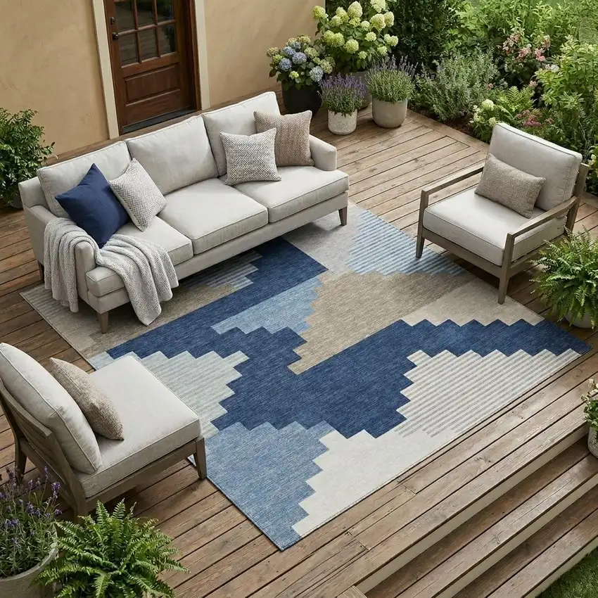 Navy Blue And Blue Geometric Washable Indoor Outdoor Area Rug Photo 1