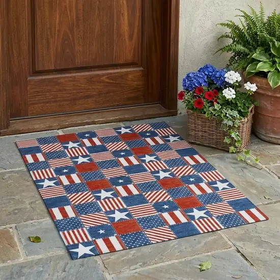 Navy Blue And Blue Geometric Washable Indoor Outdoor Area Rug Photo 1