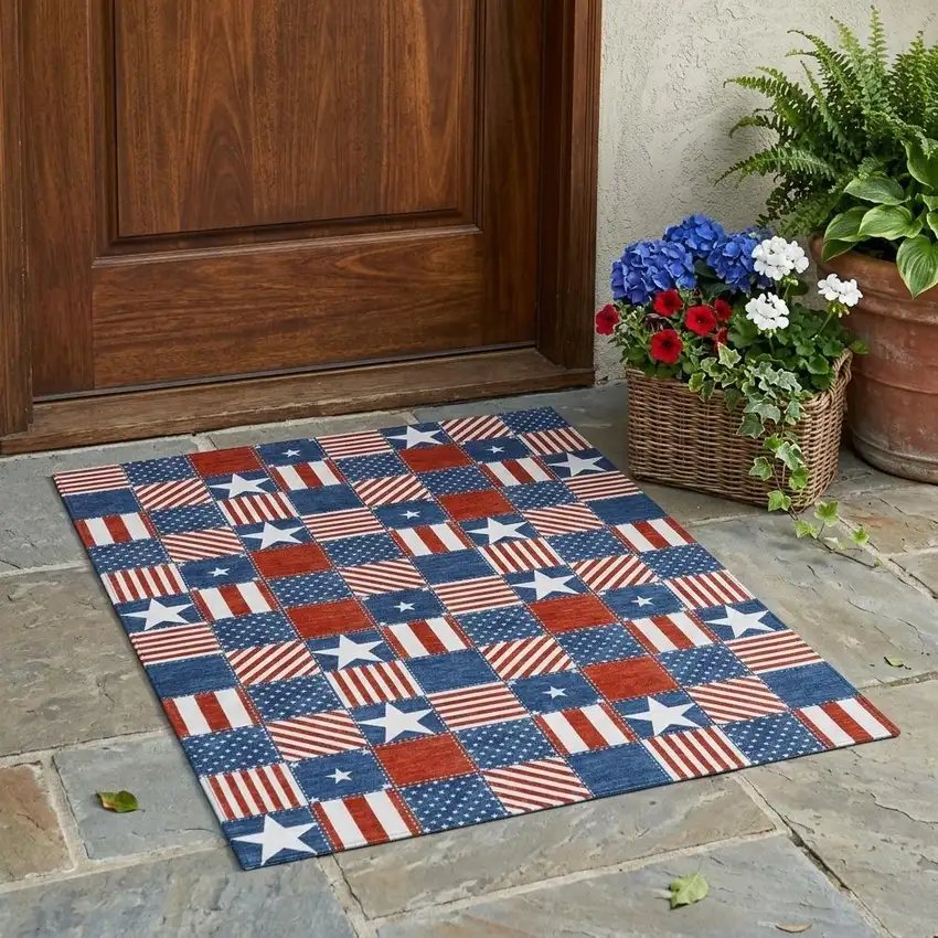 Navy Blue And Blue Geometric Washable Indoor Outdoor Area Rug Photo 1