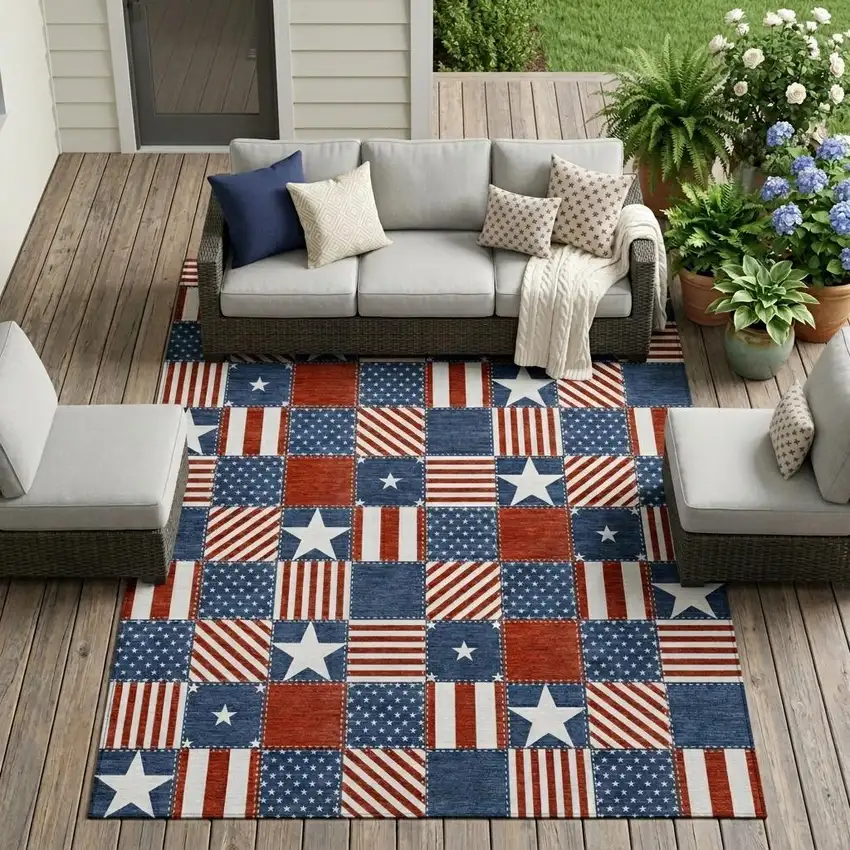 Navy Blue And Blue Geometric Washable Indoor Outdoor Area Rug Photo 1