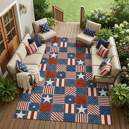 Navy Blue And Blue Geometric Washable Indoor Outdoor Area Rug Photo 1