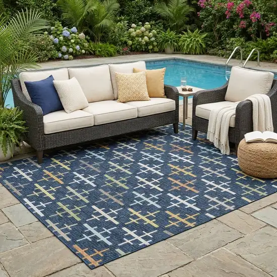 Navy Blue And Blue Geometric Washable Indoor Outdoor Area Rug Photo 1