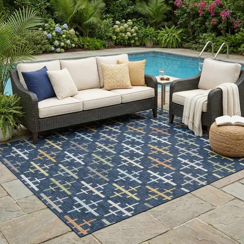 Navy Blue And Blue Geometric Washable Indoor Outdoor Area Rug Photo 1