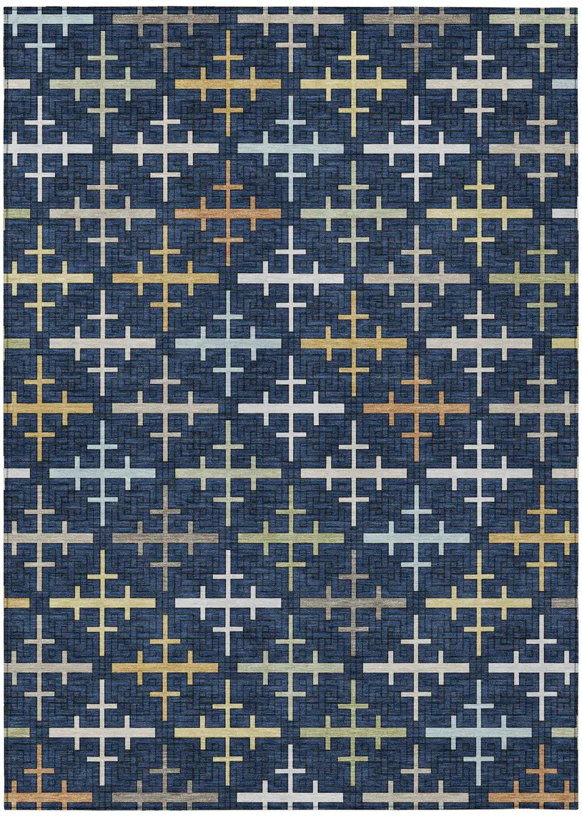 Navy Blue And Blue Geometric Washable Indoor Outdoor Area Rug Photo 2