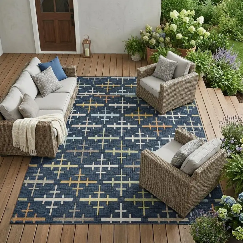 Navy Blue And Blue Geometric Washable Indoor Outdoor Area Rug Photo 1