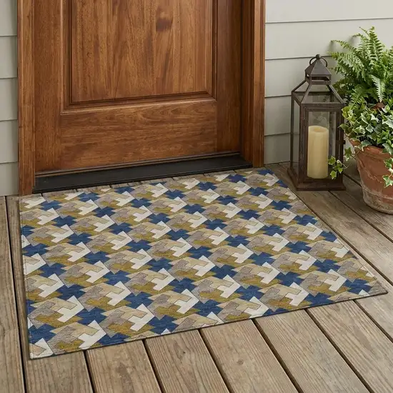 Navy Blue And Blue Geometric Washable Indoor Outdoor Area Rug Photo 1