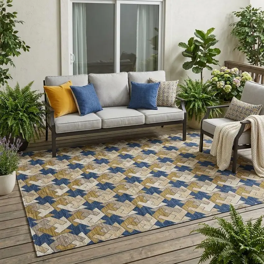 Navy Blue And Blue Geometric Washable Indoor Outdoor Area Rug Photo 1