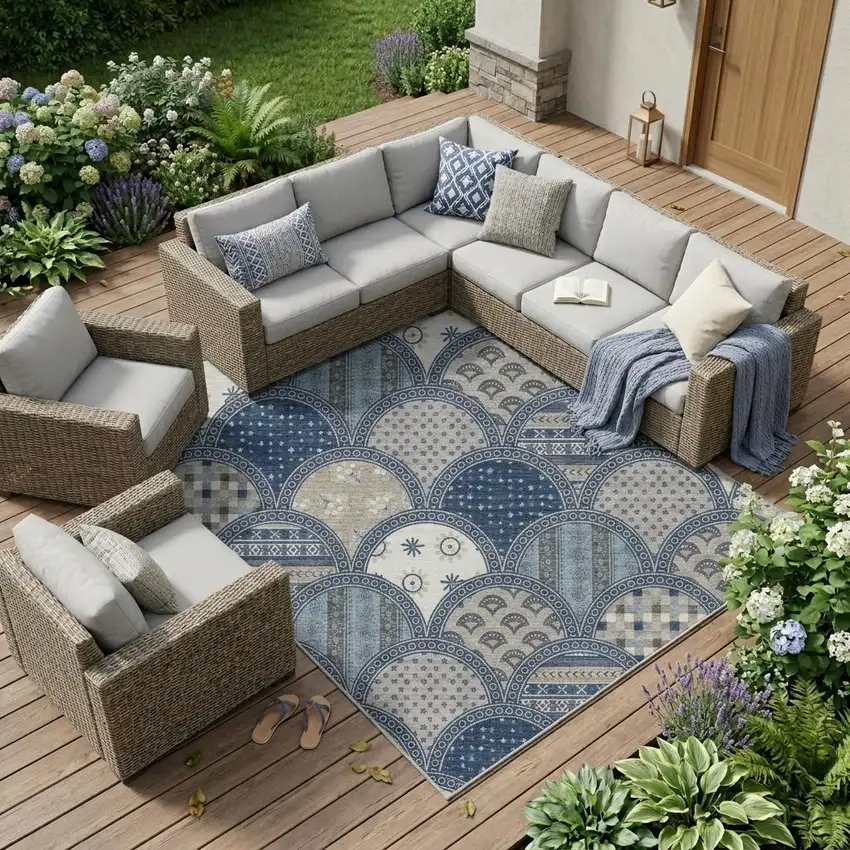 Navy Blue And Blue Geometric Washable Indoor Outdoor Area Rug Photo 1