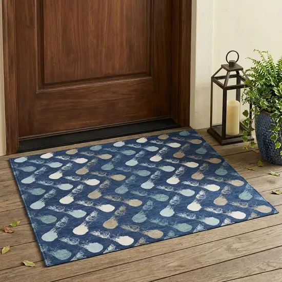 Navy Blue And Blue Geometric Washable Indoor Outdoor Area Rug Photo 1