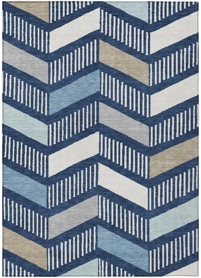 Navy Blue And Blue Geometric Washable Indoor Outdoor Area Rug Photo 1