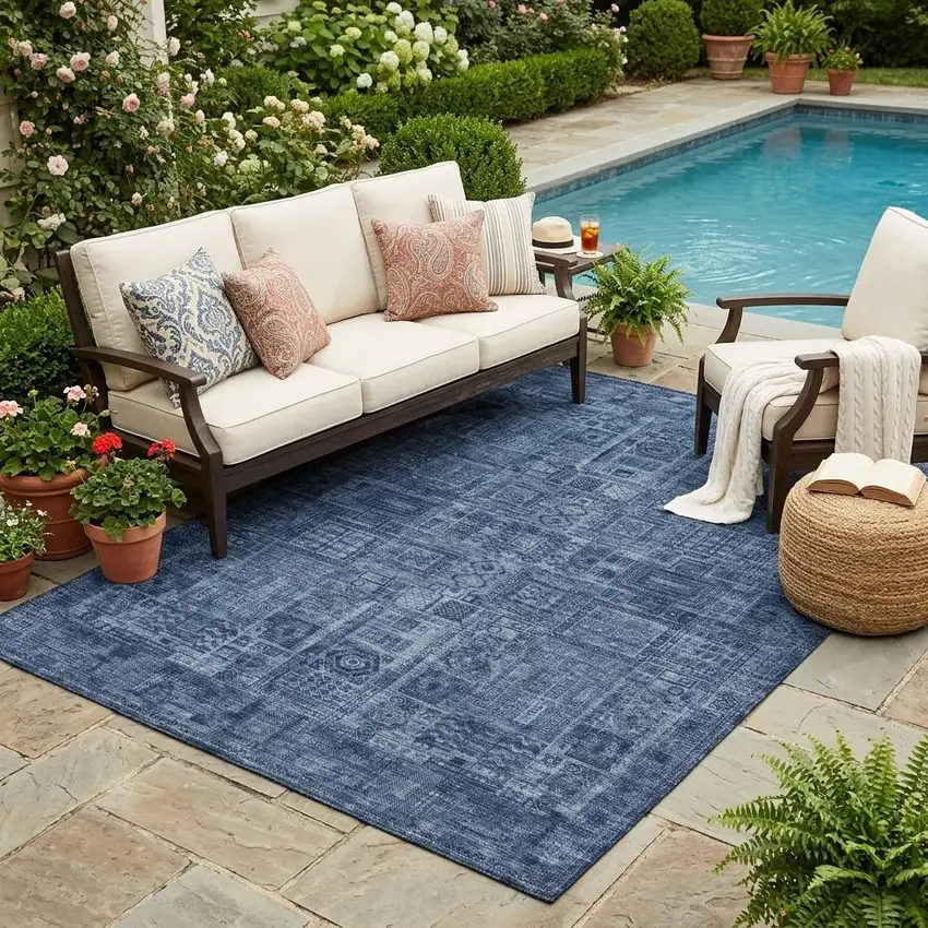 Navy Blue And Blue Oriental Washable Indoor Outdoor Area Rug Photo 1