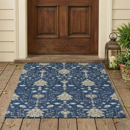Navy Blue And Blue Oriental Washable Indoor Outdoor Area Rug Photo 1
