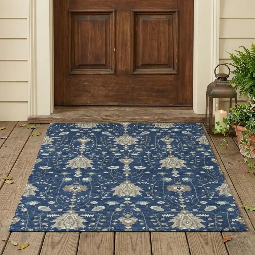 Navy Blue And Blue Oriental Washable Indoor Outdoor Area Rug Photo 1